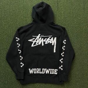 Rare Vintage Stussy Worldwide Black Skull Crossbones Sleeves‎ Pullover Hoodie